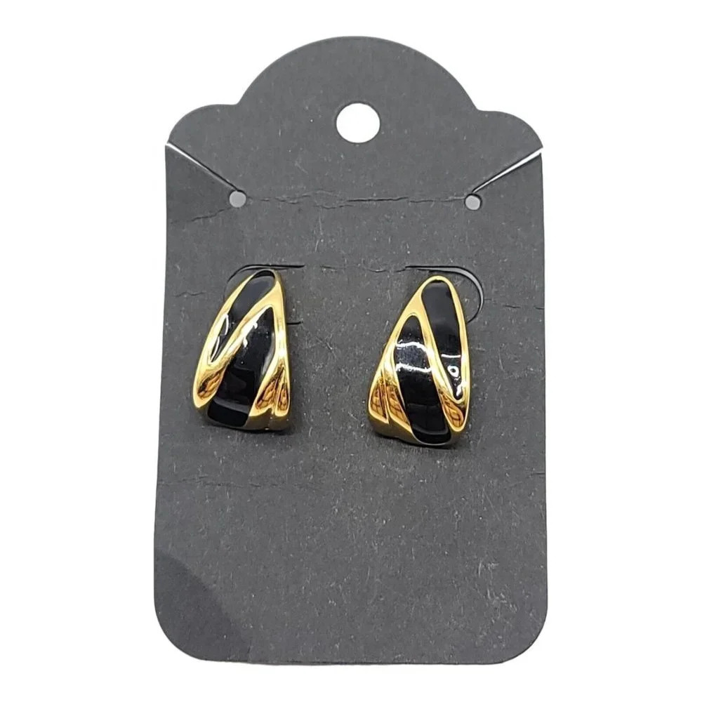Monet Gold Tone Black Enamel Swirl Tear Drop Post Earrings Vintage